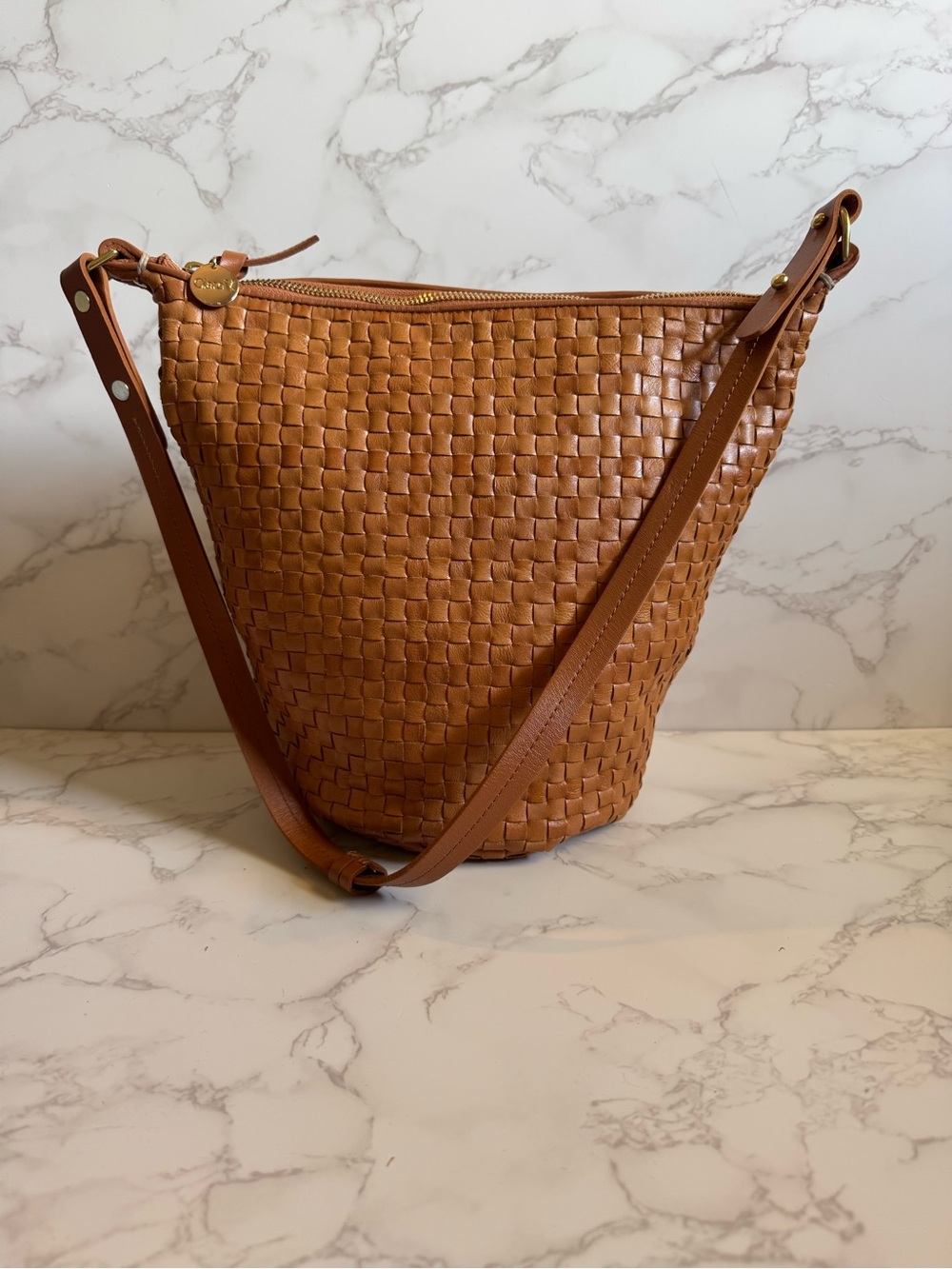 Clare V. Petite Jeanne | Natural Woven Checker | Leather Shoulder Bag - Picture 2 of 10